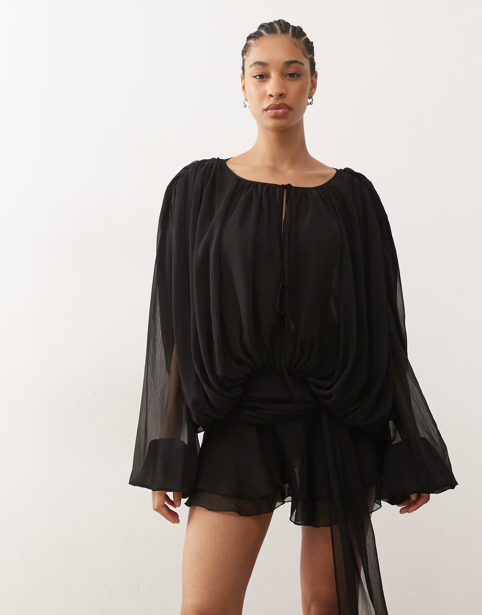 ASOS Lioness Elements chiffon drape detail balloon sleeve tie waist mini dress in black - 3