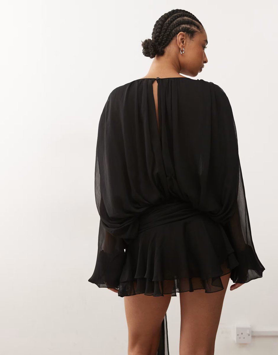 ASOS Lioness Elements chiffon drape detail balloon sleeve tie waist mini dress in black - 4