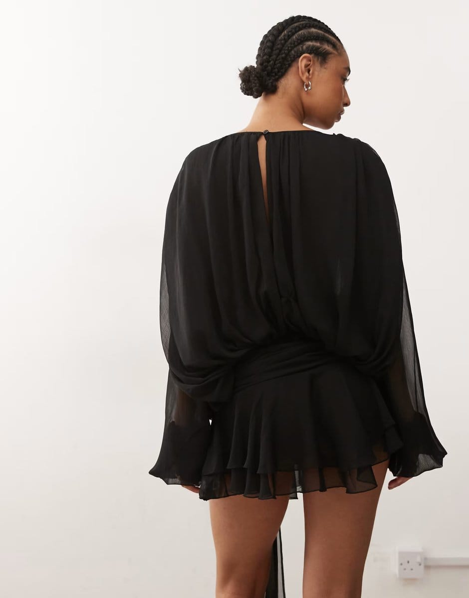 ASOS Lioness Elements chiffon drape detail balloon sleeve tie waist mini dress in black - 4