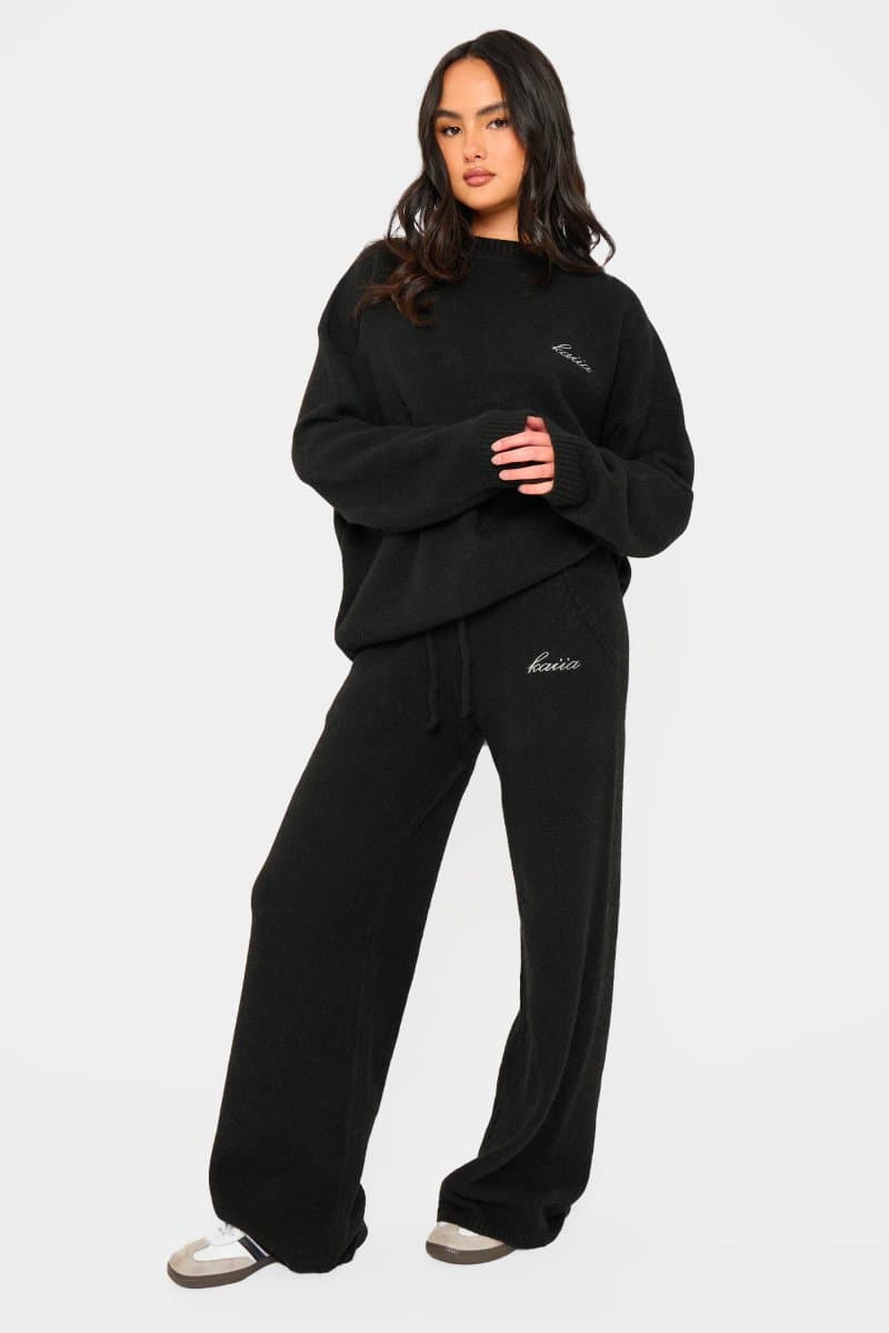 Kaiia Kaiia Knit Drawstring Wide Leg Trousers Black