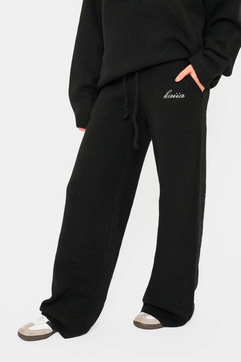 Kaiia Kaiia Knit Drawstring Wide Leg Trousers Black - 4