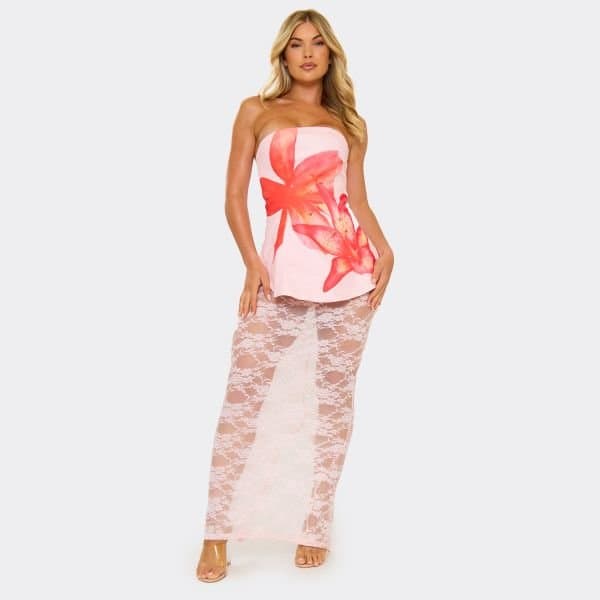EGO Bandeau Peplum Lace Skirt Detail Maxi Dress In Pink Floral Print, Women's Size UK 6