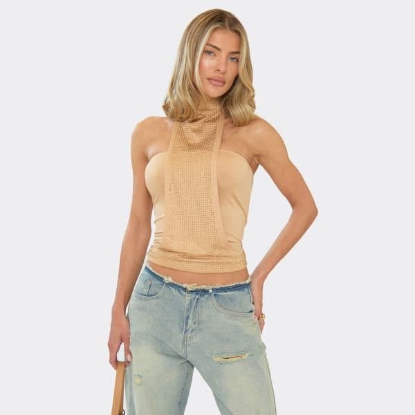 EGO Halterneck Embellished Hotfix Detail Top In Stone, Women's Size UK Large L