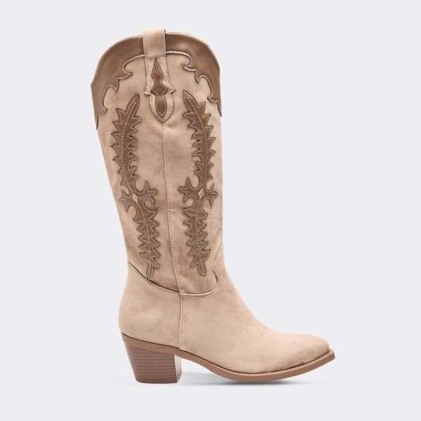EGO Tonga Gold Embroidered Detail Knee High Western Cowboy Boot In Beige Faux Suede, Women's Size UK 3