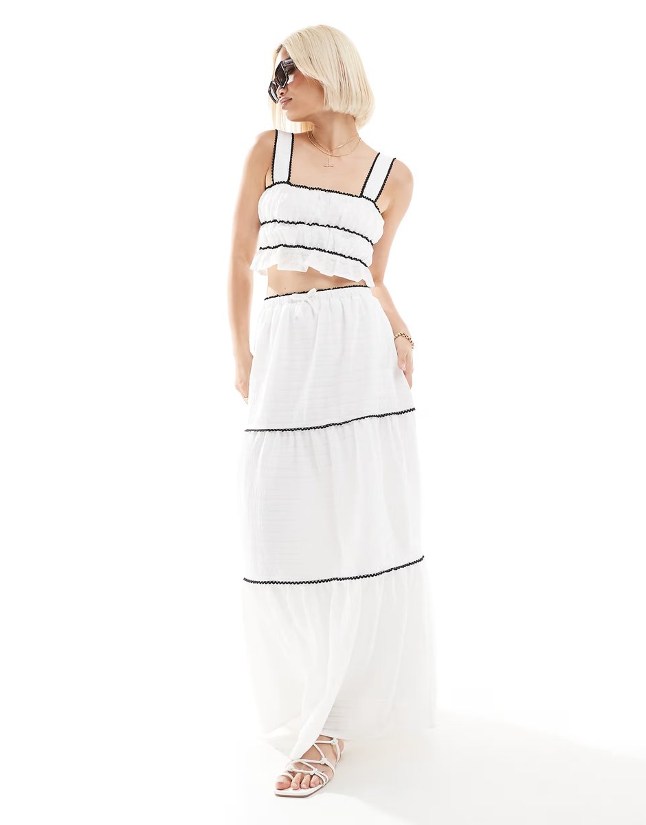 ASOS The Frolic exclusive ruched contrast lace trim beach crop top co-ord in mono   - 3