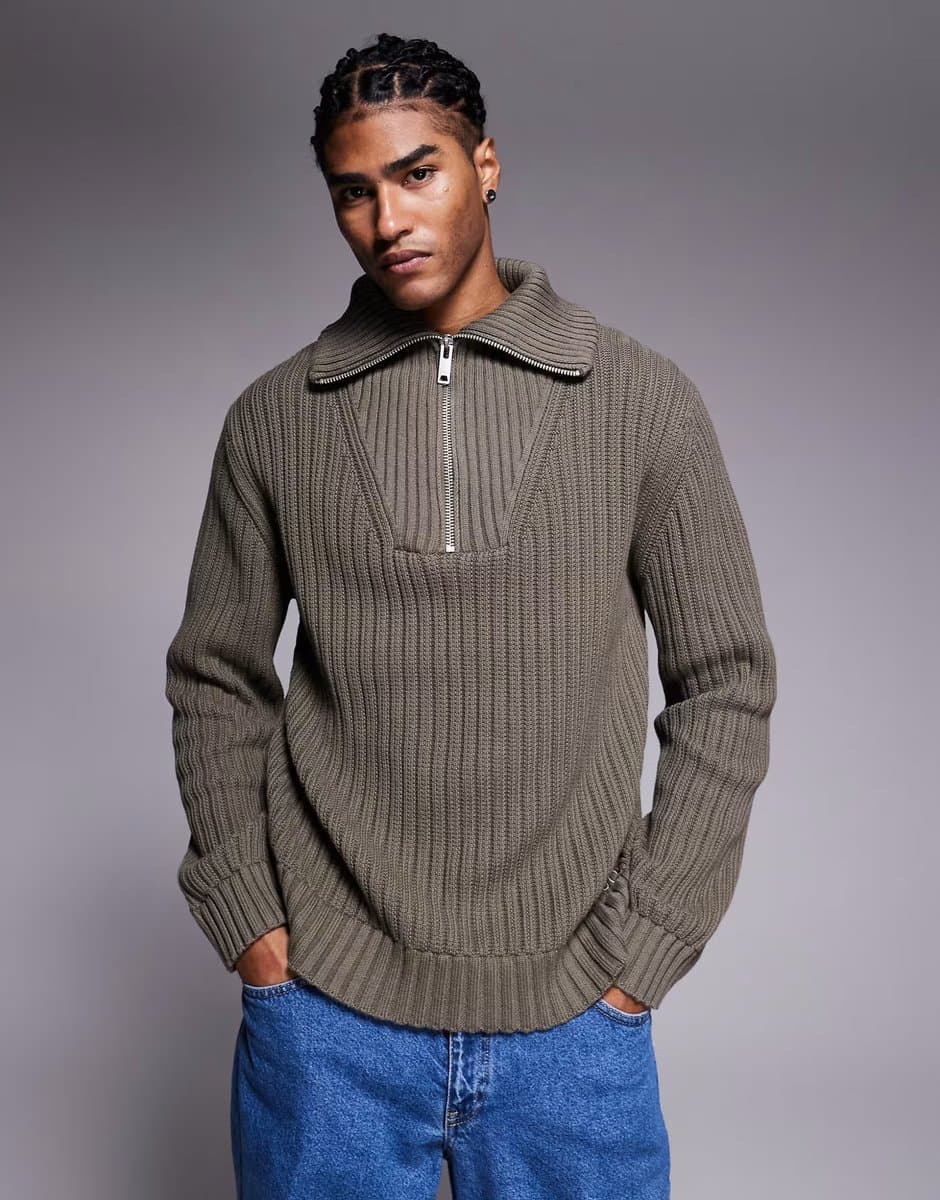 ASOS HUGO RED Srigg half zip rib knit jumper in grey