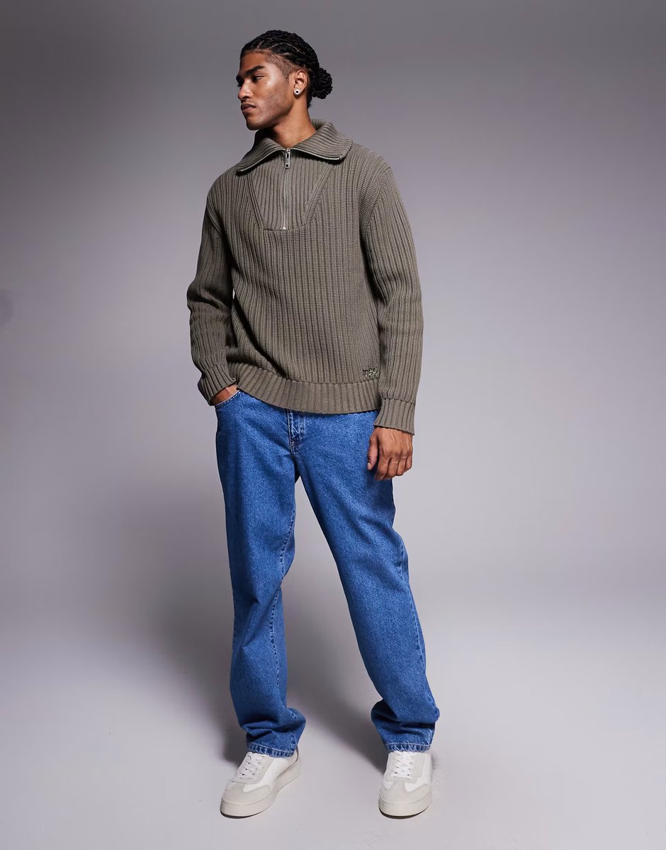 ASOS HUGO RED Srigg half zip rib knit jumper in grey - 2