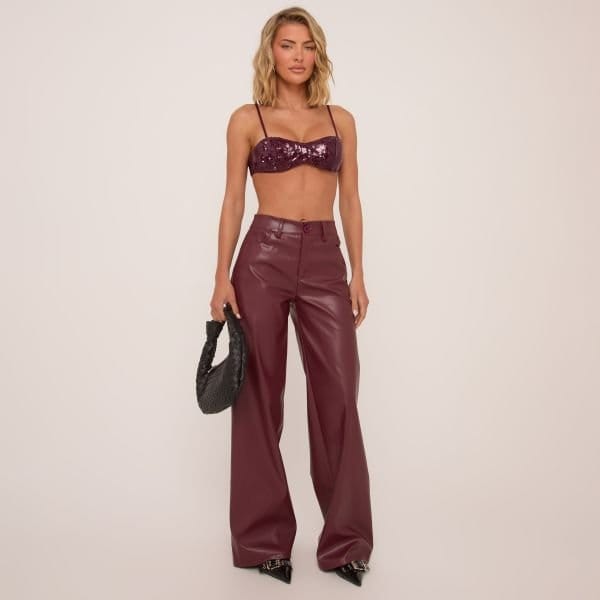 EGO High Waist Straight Leg Trousers In Burgundy Faux Leather, Women's Size UK 6 - 1