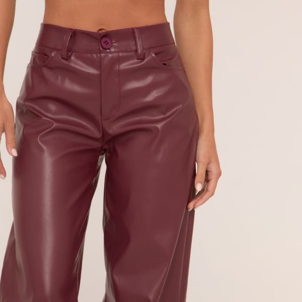 EGO High Waist Straight Leg Trousers In Burgundy Faux Leather, Women's Size UK 6 - 2