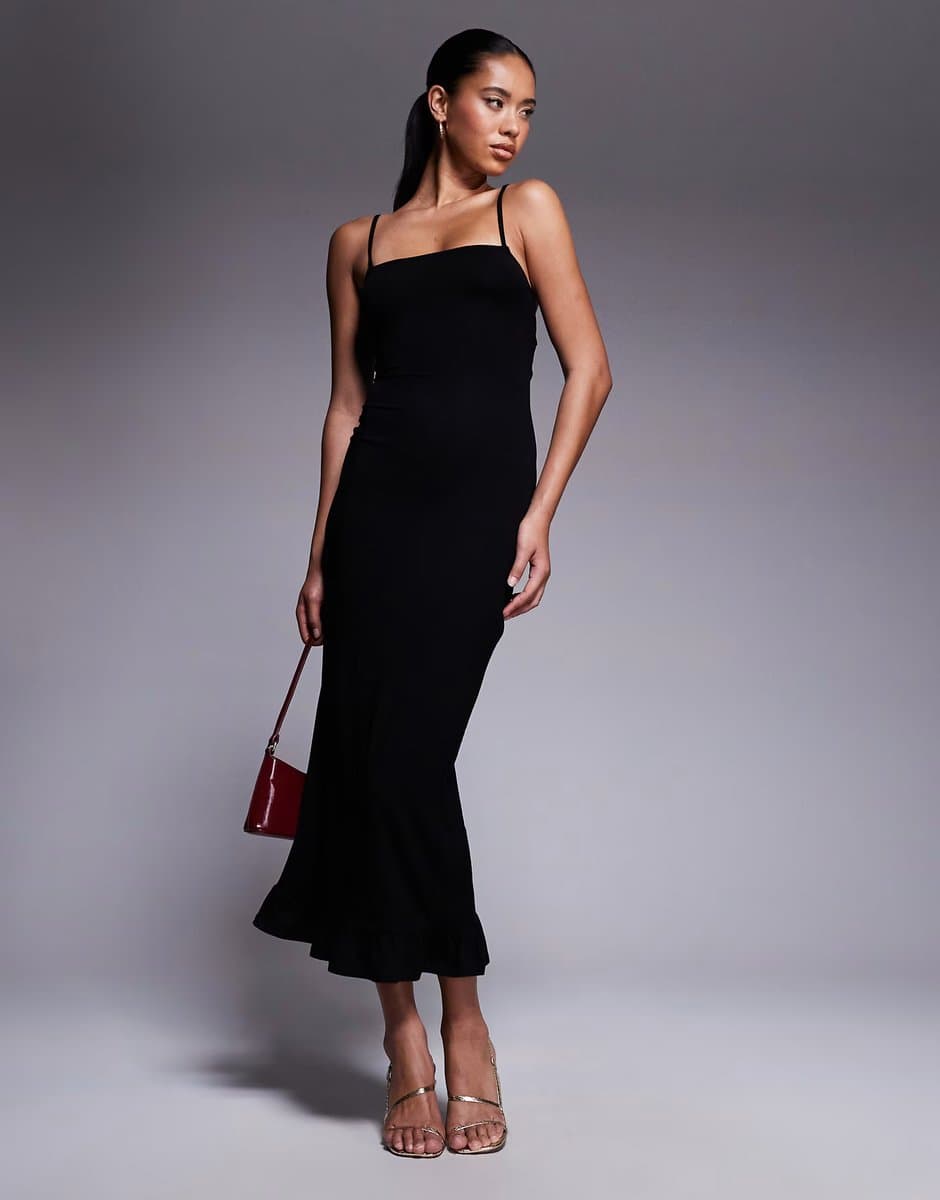 ASOS ASOS DESIGN  lace up back strappy cami maxi dress with ruffle hem in black