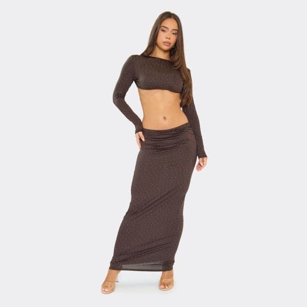 EGO Hotfix Diamante Cut Out Twist Detail Maxi Dress In Chocolate Brown, Women's Size UK 12