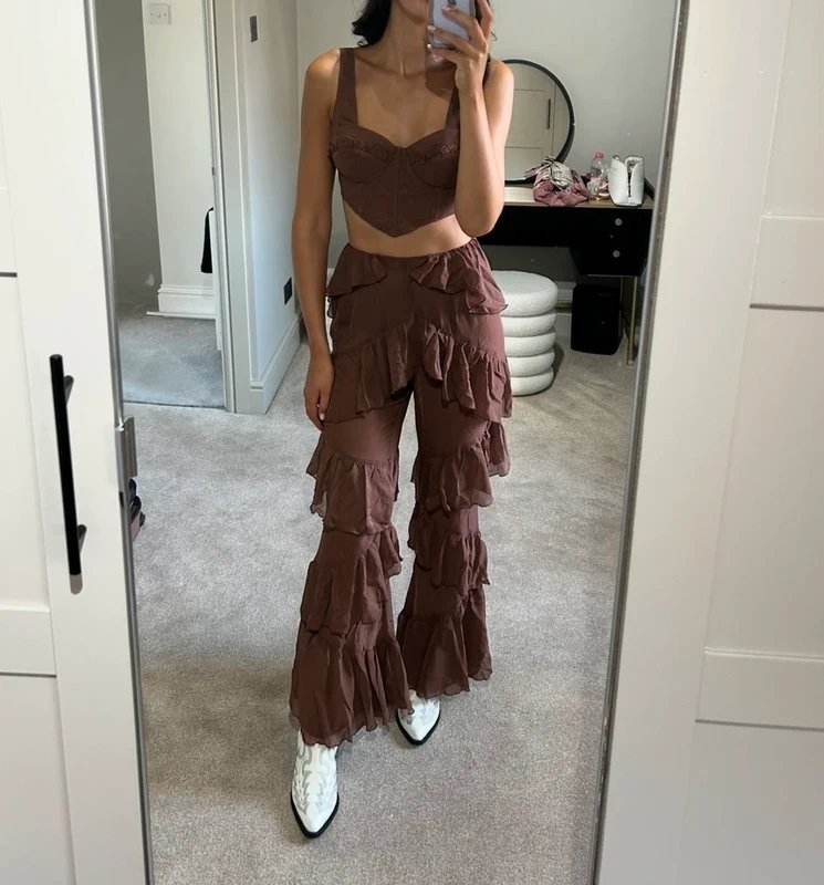 ASOS ASOS Luxe boho chiffon ruffle trousers in chocolate - 2