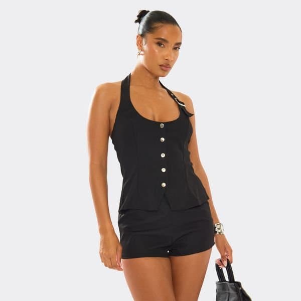 EGO Halter Neck Stud Front Belted Strap Top In Black, Women's Size UK 6