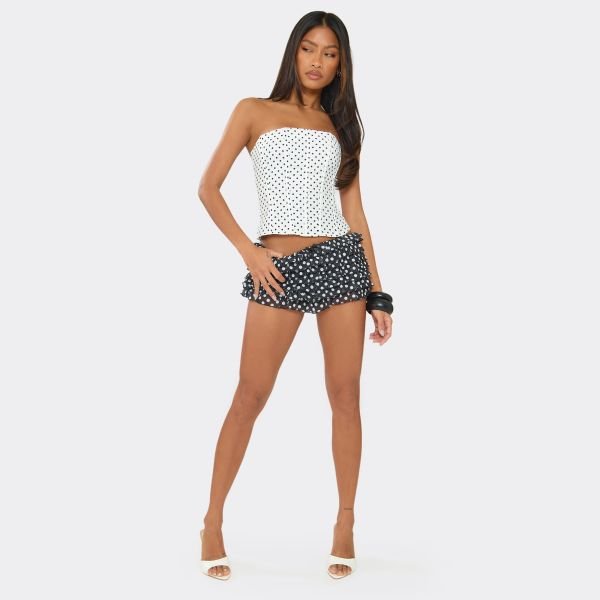 EGO Low Rise Bow Detail Ruffle Frill Hotpant Shorts In Black Polka Dot, Women's Size UK 6 - 2