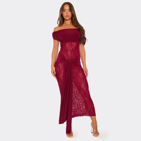 EGO Bardot Contrast Tie Drape Detail Maxi Dress In Burgundy Lace, Women's Size UK 6 - 1