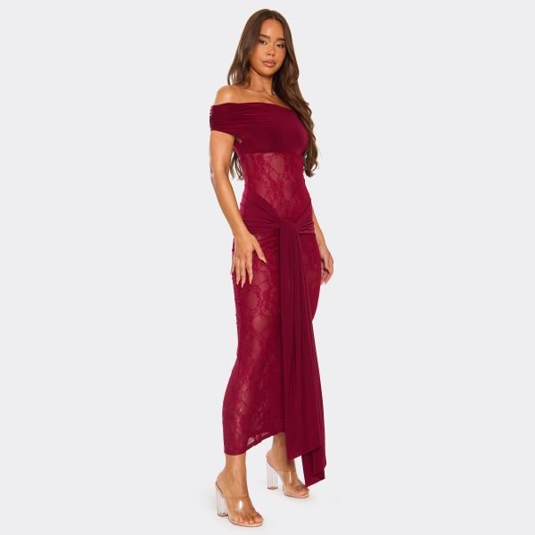 EGO Bardot Contrast Tie Drape Detail Maxi Dress In Burgundy Lace, Women's Size UK 6 - 2