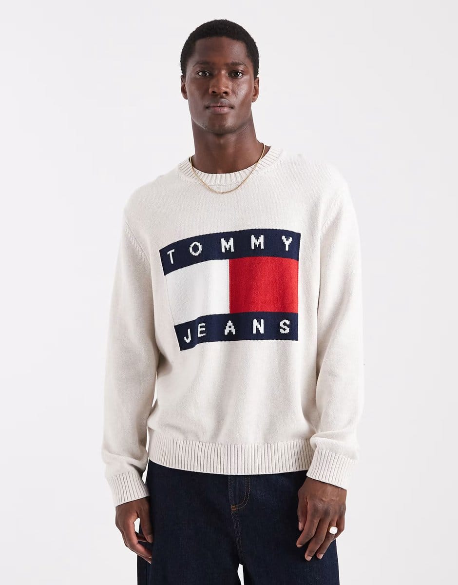 ASOS Tommy Jeans flag jumper in white heather - 1