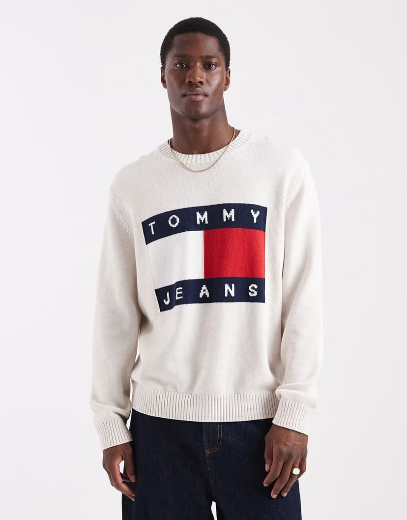 ASOS Tommy Jeans flag jumper in white heather - 1