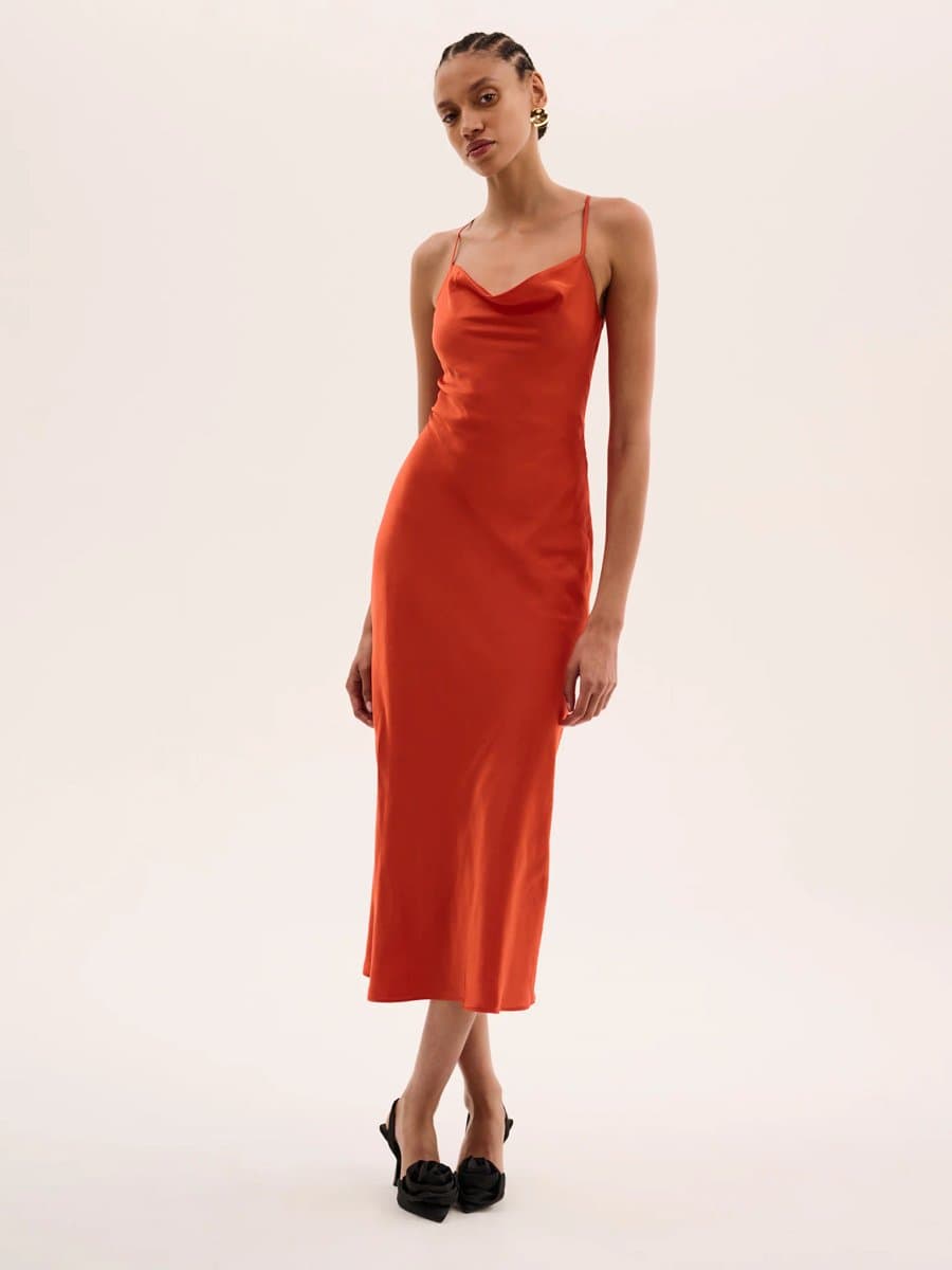 OMNES OMNES Brick Orange Satin-Feel Recycled Polyester Midi Dress
