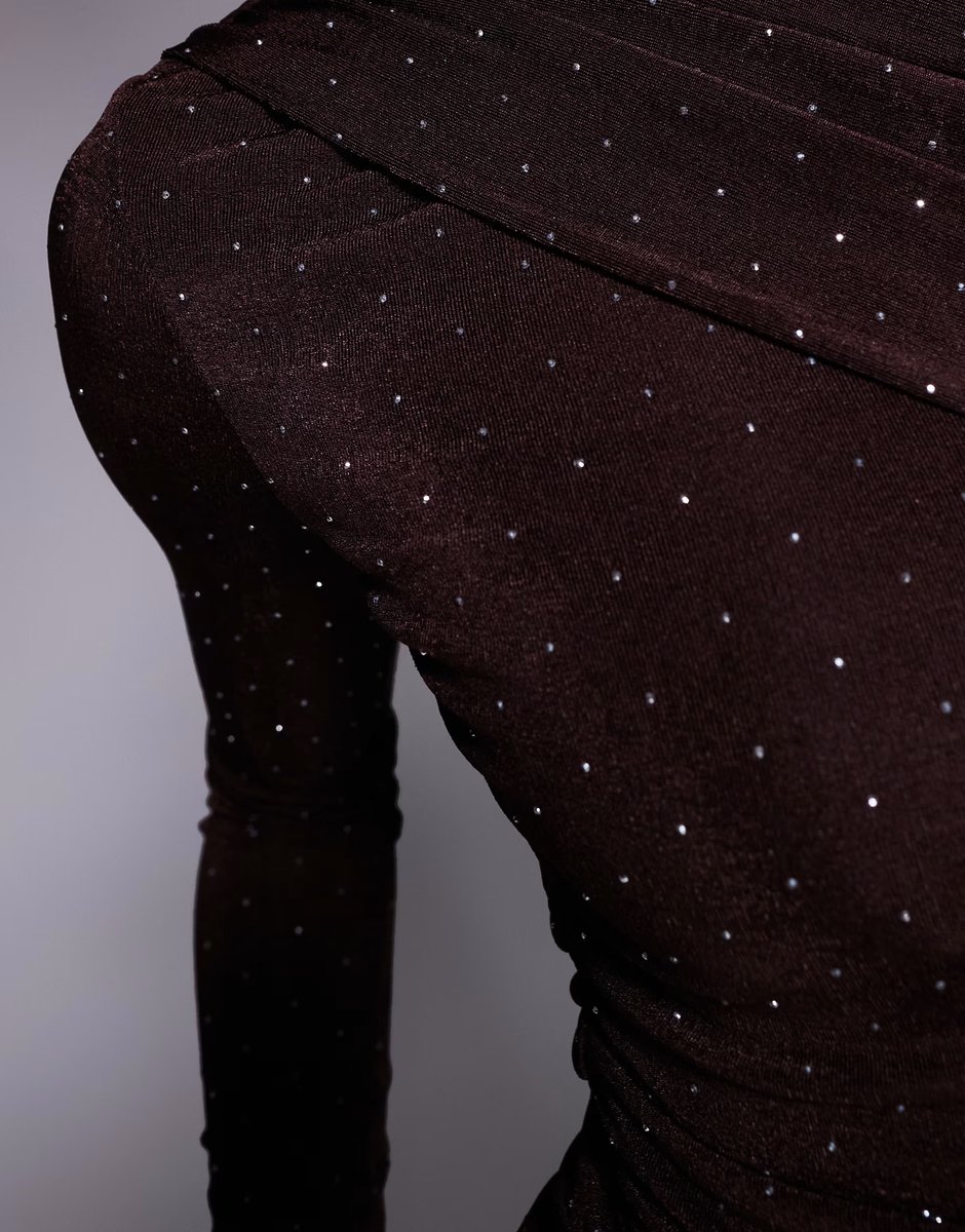 ASOS Ruched & Ready removable shoulder pad detail sculpting high neck drape front hotfix mini dress in chocolate brown - 4