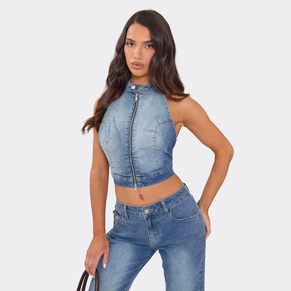 EGO High Neck Sleeveless Zip Down Fitted Crop Top In Blue Wash Denim, Women's Size UK 6 - 1