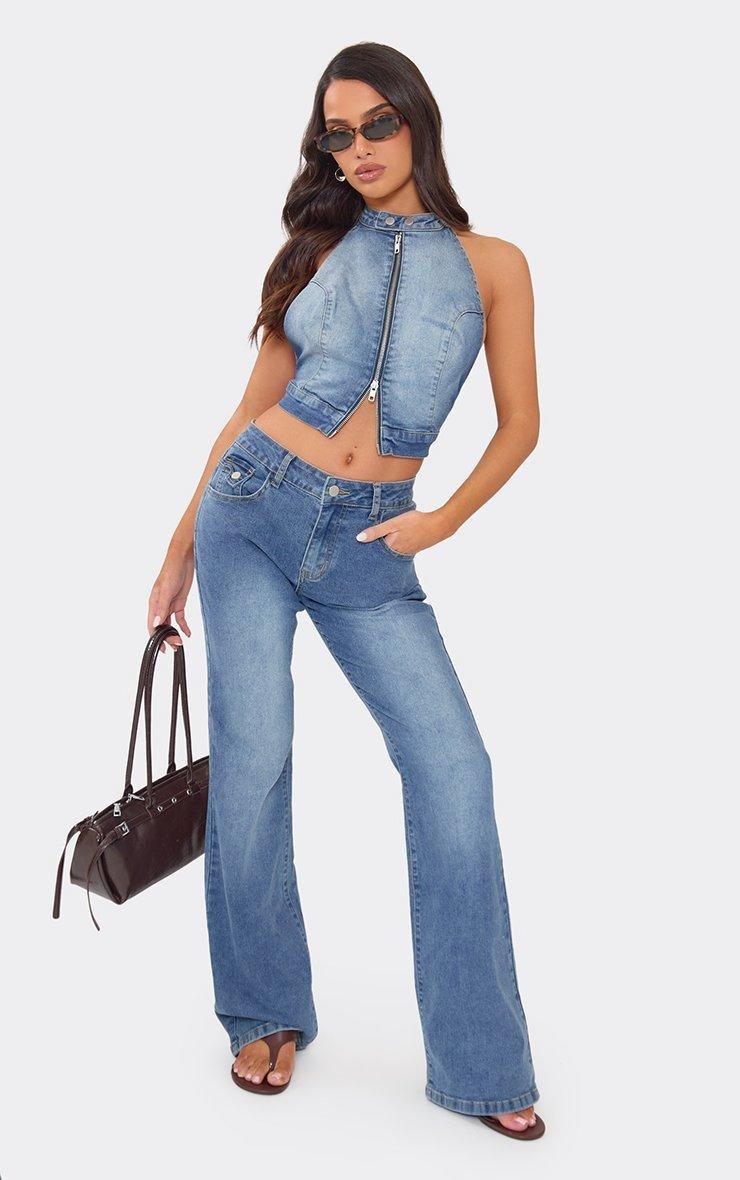 EGO High Neck Sleeveless Zip Down Fitted Crop Top In Blue Wash Denim, Women's Size UK 6 - 2