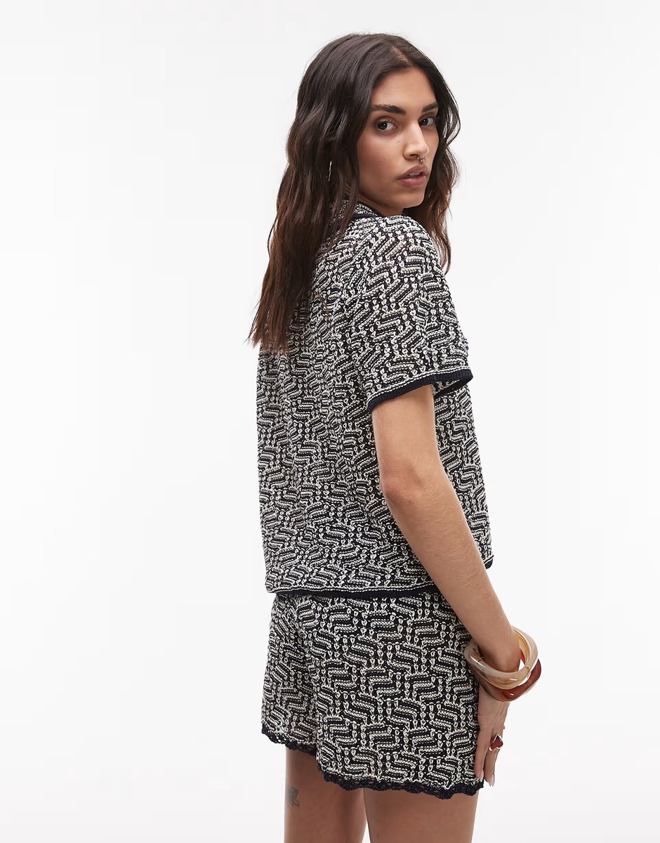 ASOS Topshop knitted crochet look pattern shirt co-ord in multi - 4