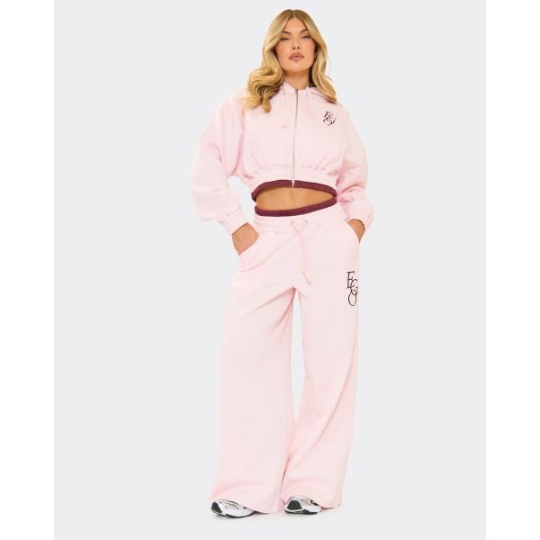 EGO Tie Contrast Waistband Wide Leg Joggers In Pink, Women's Size UK 12 - 2