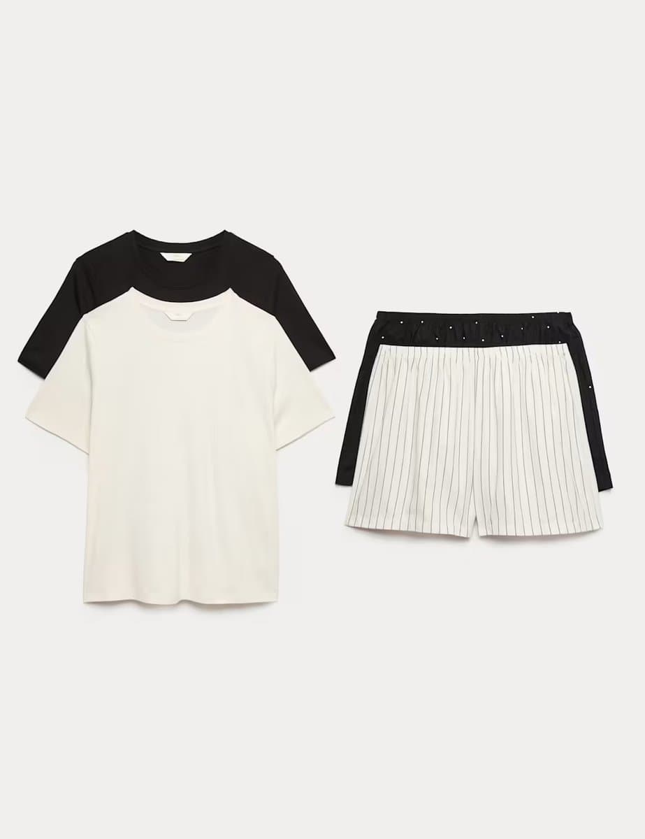 Marks & Spencer M&S 2 Pack Cotton Rich Jersey Woven Shortie Pyjama Sets Ivory Mix