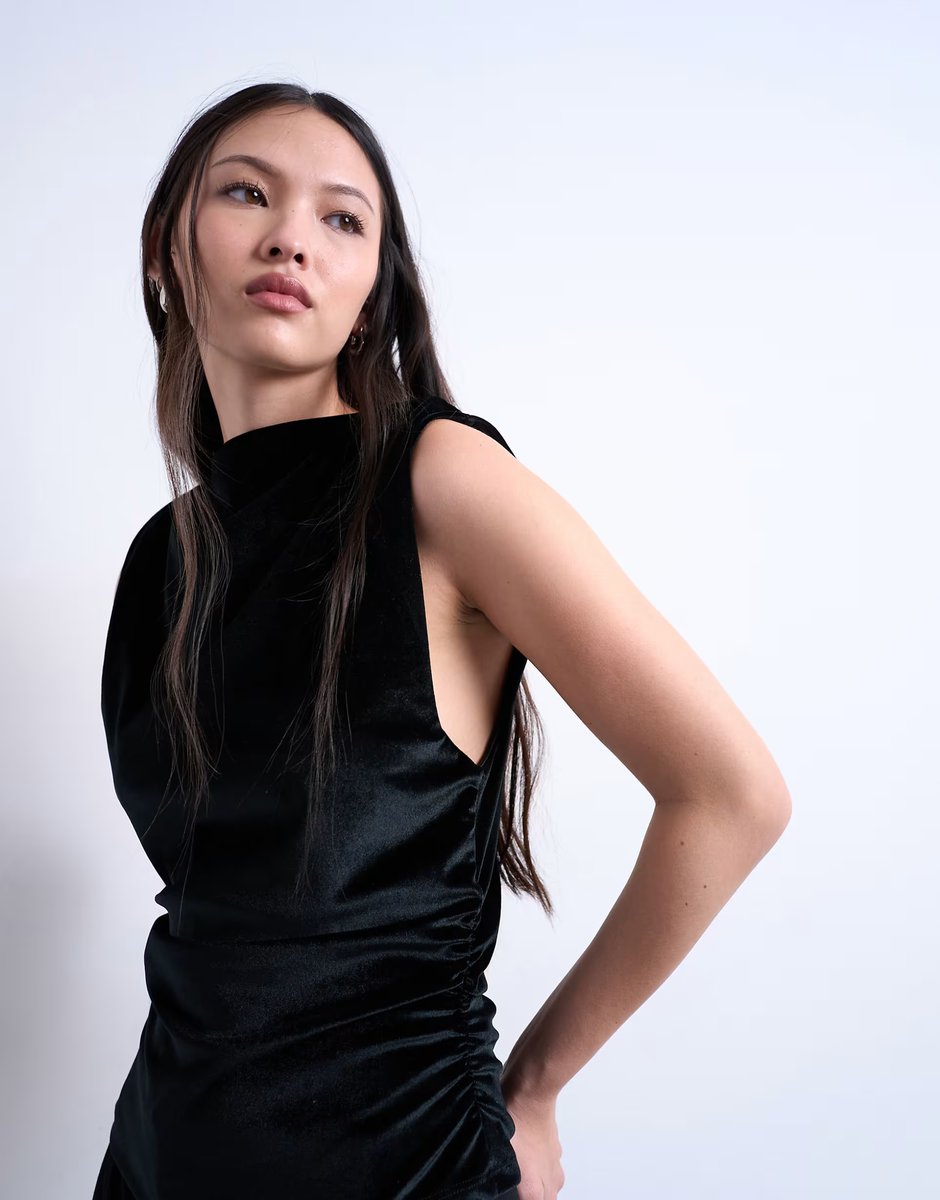 ASOS Topshop velvet drop armhole ruched side top in black - 1