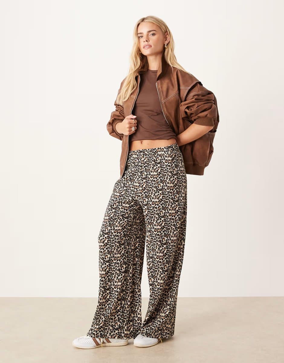 ASOS JDY Petite textured wide leg trousers in leo print