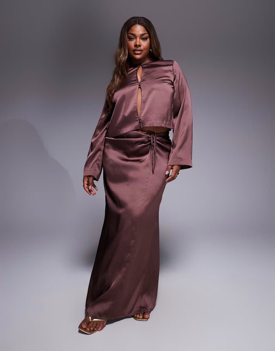 ASOS ASOS DESIGN Curve ruched detail satin co-ord maxi skirt in chocolate