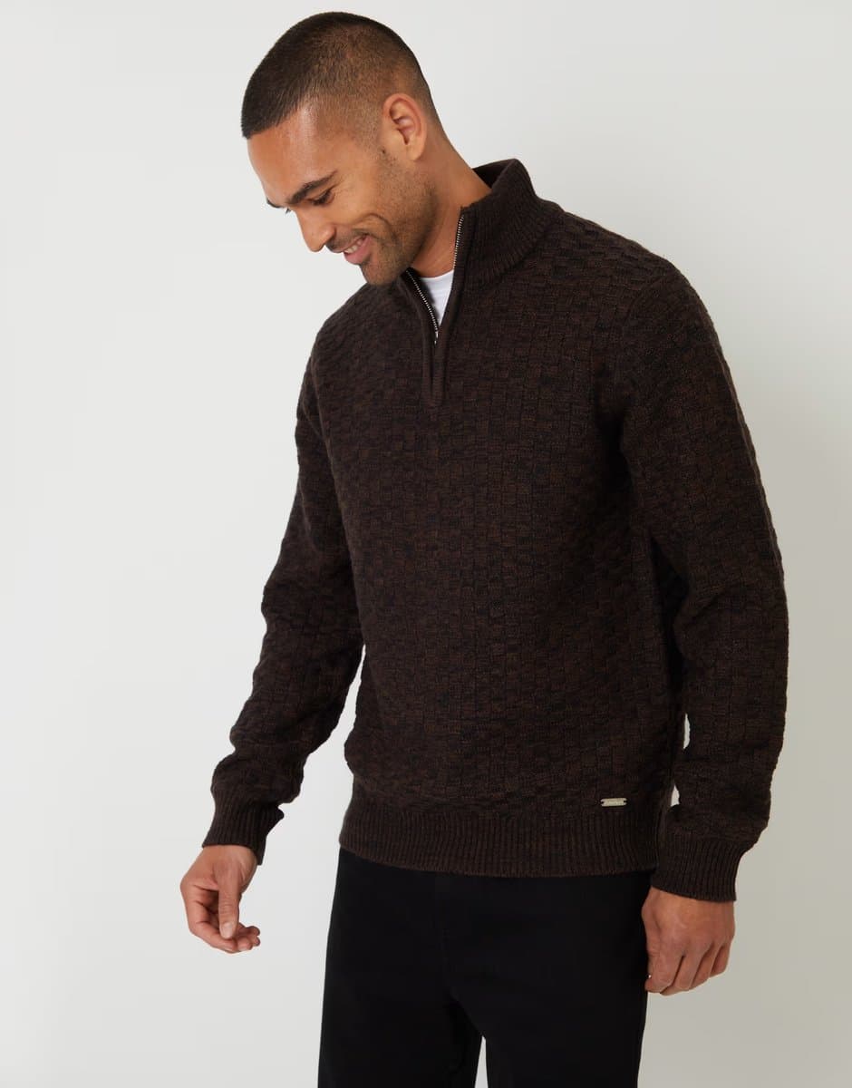 ASOS Threadbare Textured quarter zip jumper with wool in brown