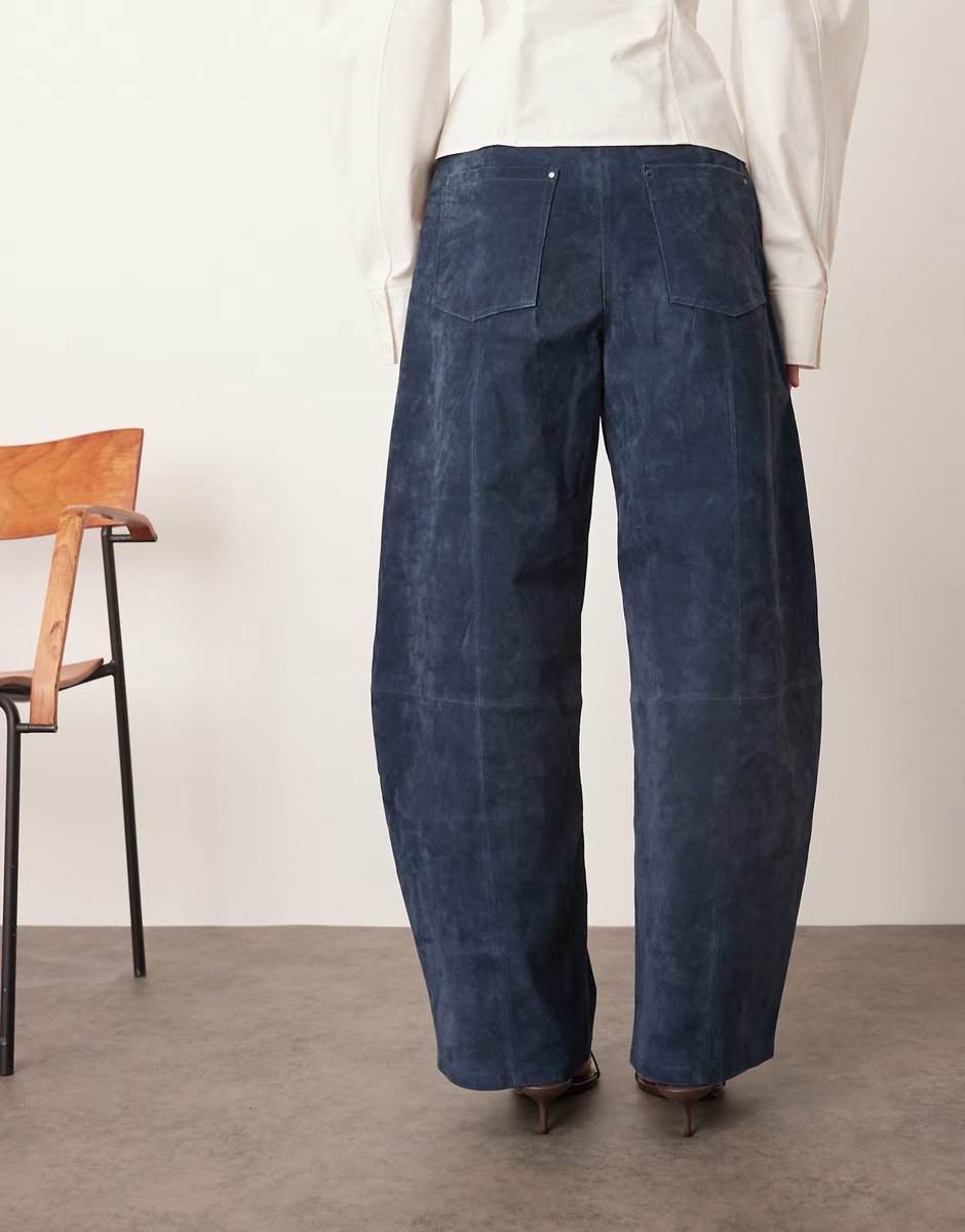 ASOS ARRANGE Sydney suede high waisted barrel trouser in navy - 4