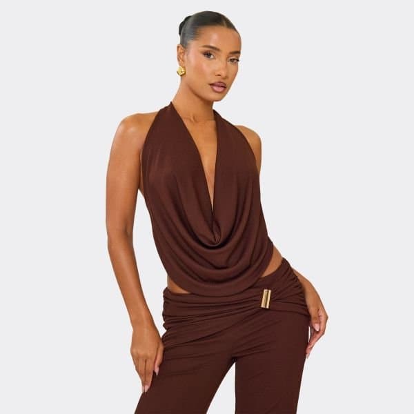 EGO Cowl Neck Tie Back Detail Top In Chocolate Brown, Women's Size UK 4