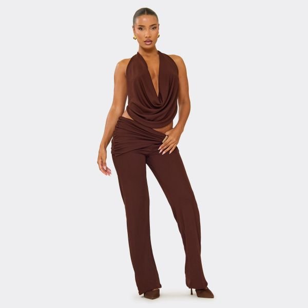 EGO Cowl Neck Tie Back Detail Top In Chocolate Brown, Women's Size UK 4 - 2