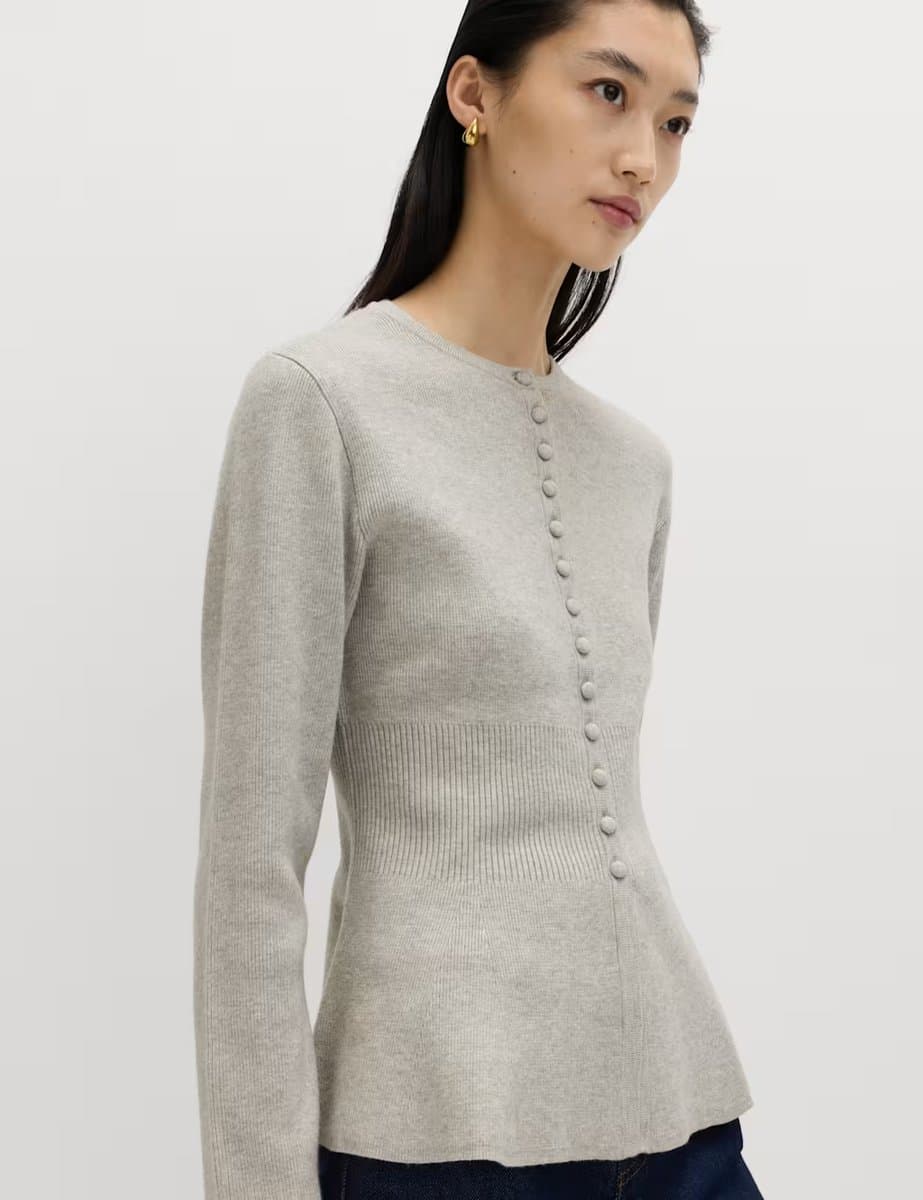 Marks & Spencer M&S Soft Touch Crew Neck Peplum Fitted Cardigan in Grey Marl