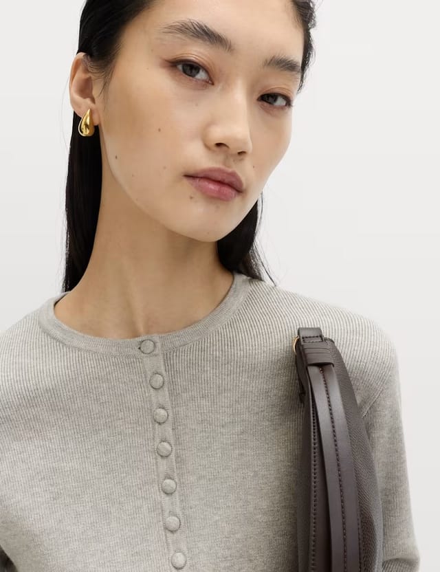 Marks & Spencer M&S Soft Touch Crew Neck Peplum Fitted Cardigan Grey Marl - 2