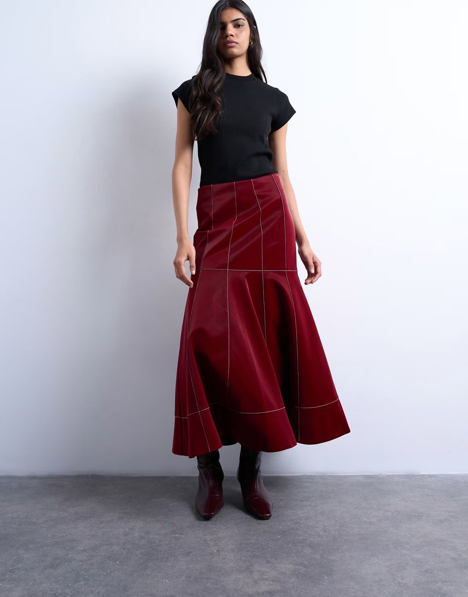 ASOS Topshop dropwaist contrast stitched PU maxi skirt in red - 2