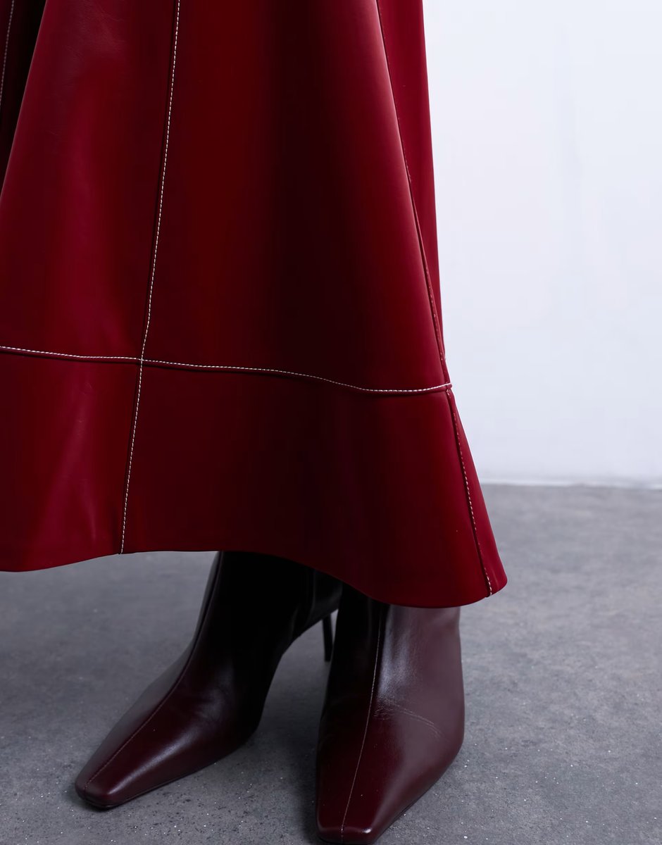 ASOS Topshop dropwaist contrast stitched PU maxi skirt in red - 3