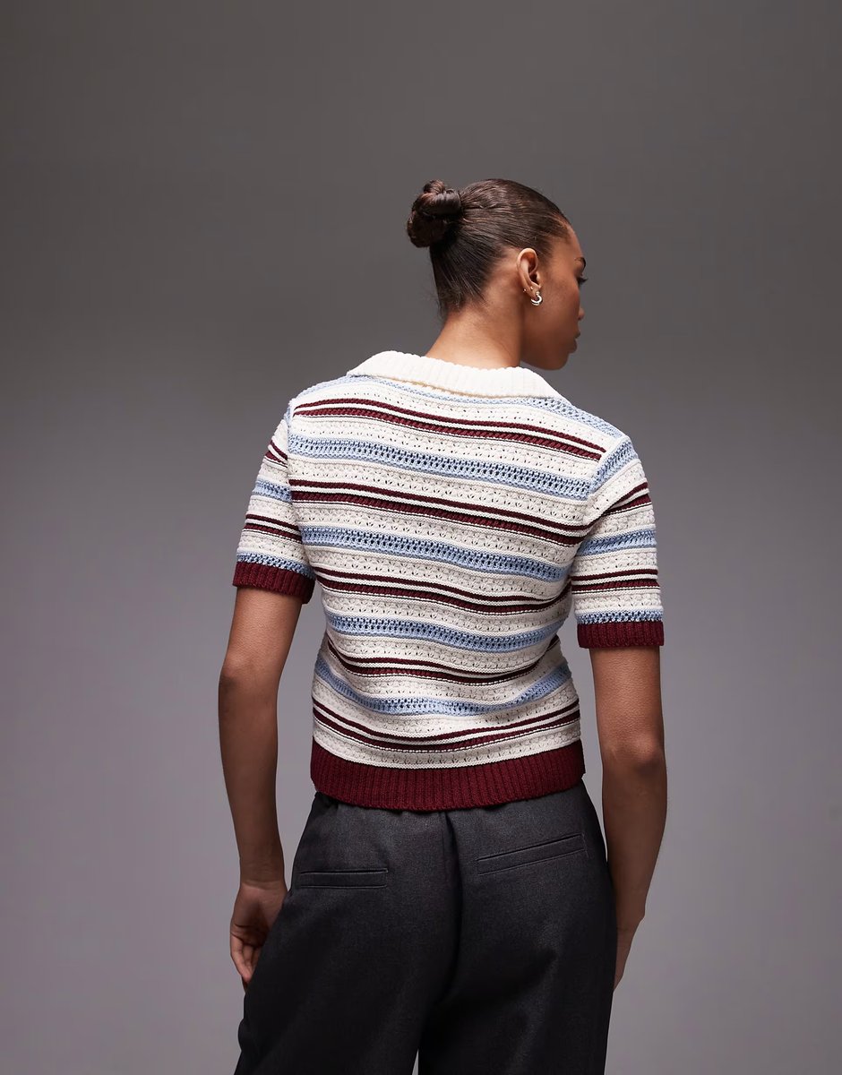 ASOS Topshop knitted crochet polo top in burgundy, blue and ecru stripe - 2