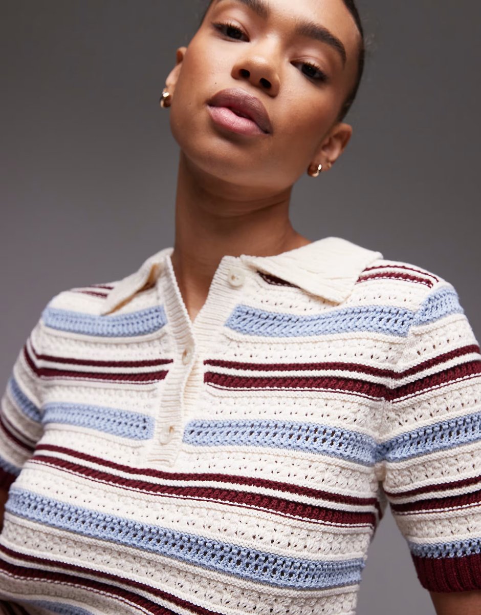 ASOS Topshop knitted crochet polo top in burgundy, blue and ecru stripe - 4