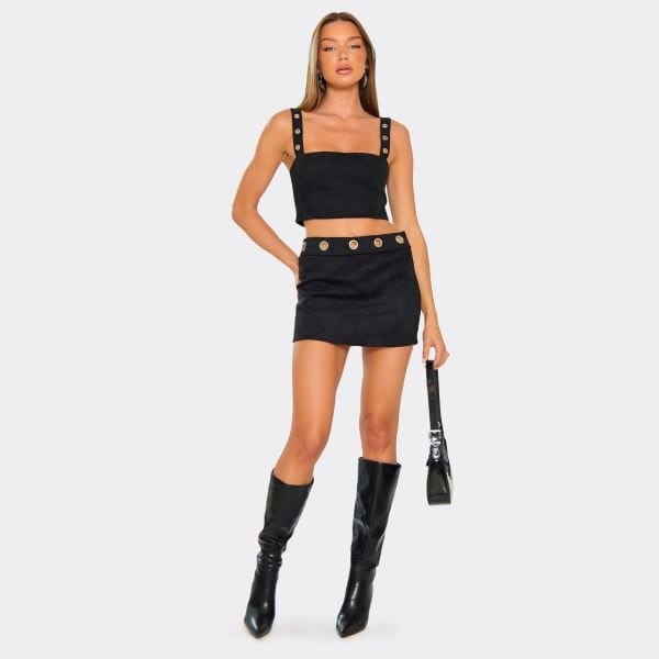 EGO Mid Waist Eyelet Detail Mini Skirt In Black, Women's Size UK 6 - 1