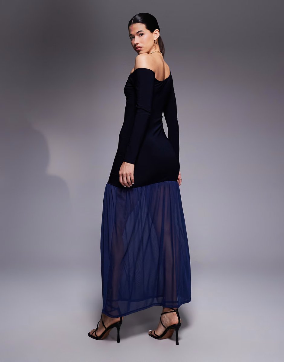 ASOS ASOS DESIGN knot neck detail off shoulder maxi dress with sheer skirt in navy - 4