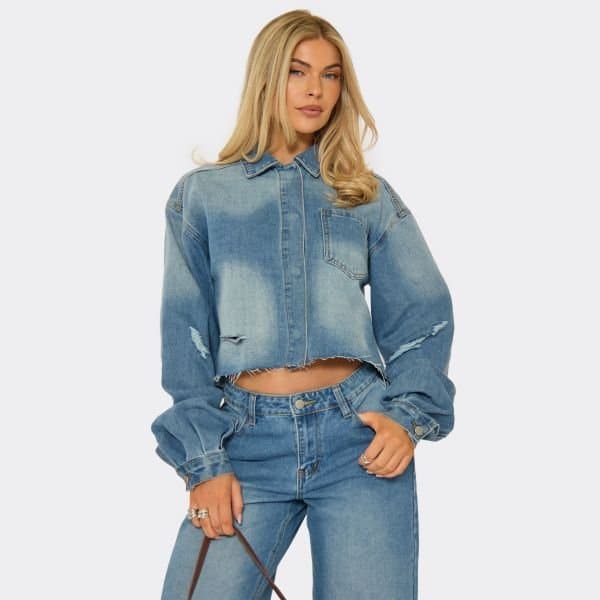 EGO Long Sleeve Ripped Detail Boxy Jacket In Washed Blue Denim, Women's Size UK 6