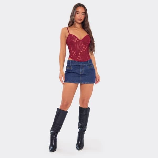 EGO EGO Mid Rise Waistband Detail Mini Skirt in Dark Blue Denim