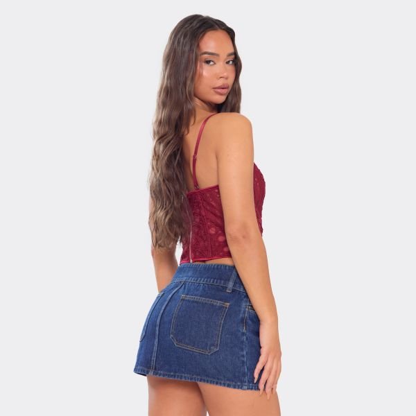 EGO Mid Rise Waistband Detail Mini Skirt In Dark Blue Denim, Women's Size UK 6 - 2