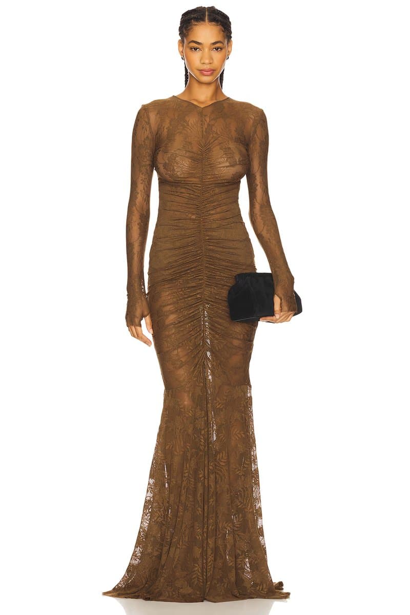 revolve Long Sleeve V Neck Shirred Front Fishtail Gown