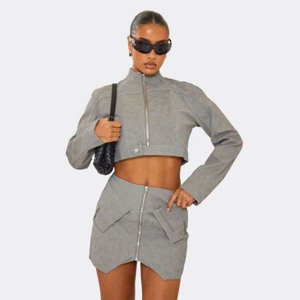 EGO High Neck Zip Front Cropped Jacket In Acid Wash Grey, Women's Size UK 6