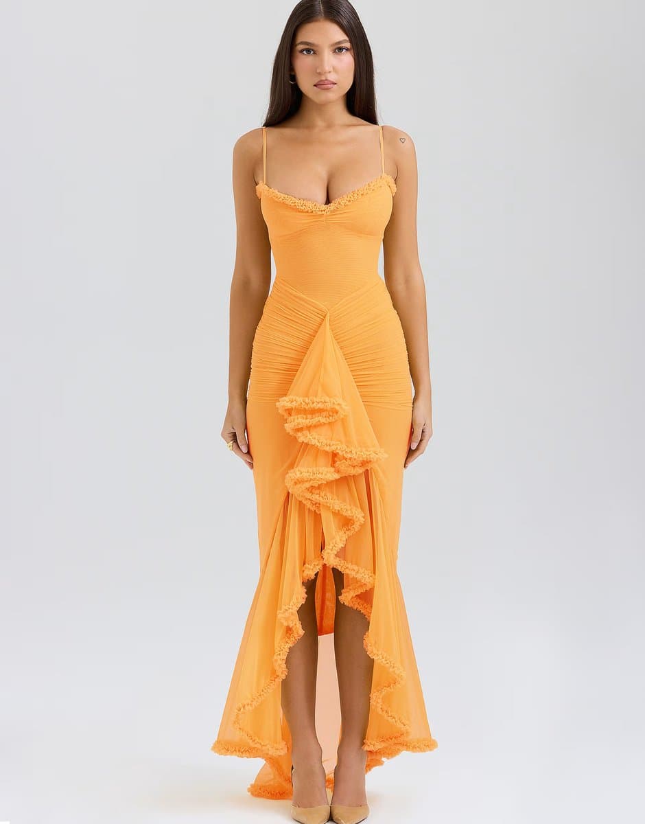ASOS House of CB Gabbi ruffled front gown in apricot